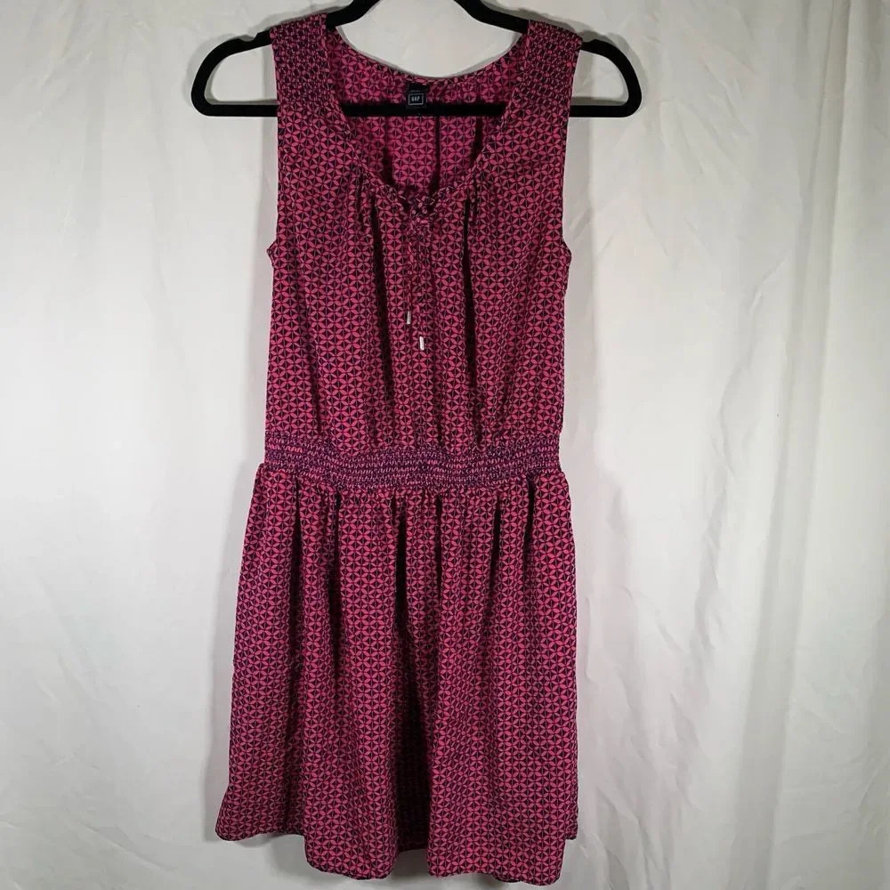 Gap Mini Dress Women's Small Blue Pink Sleeveless Smocked Waist V-neck Dress